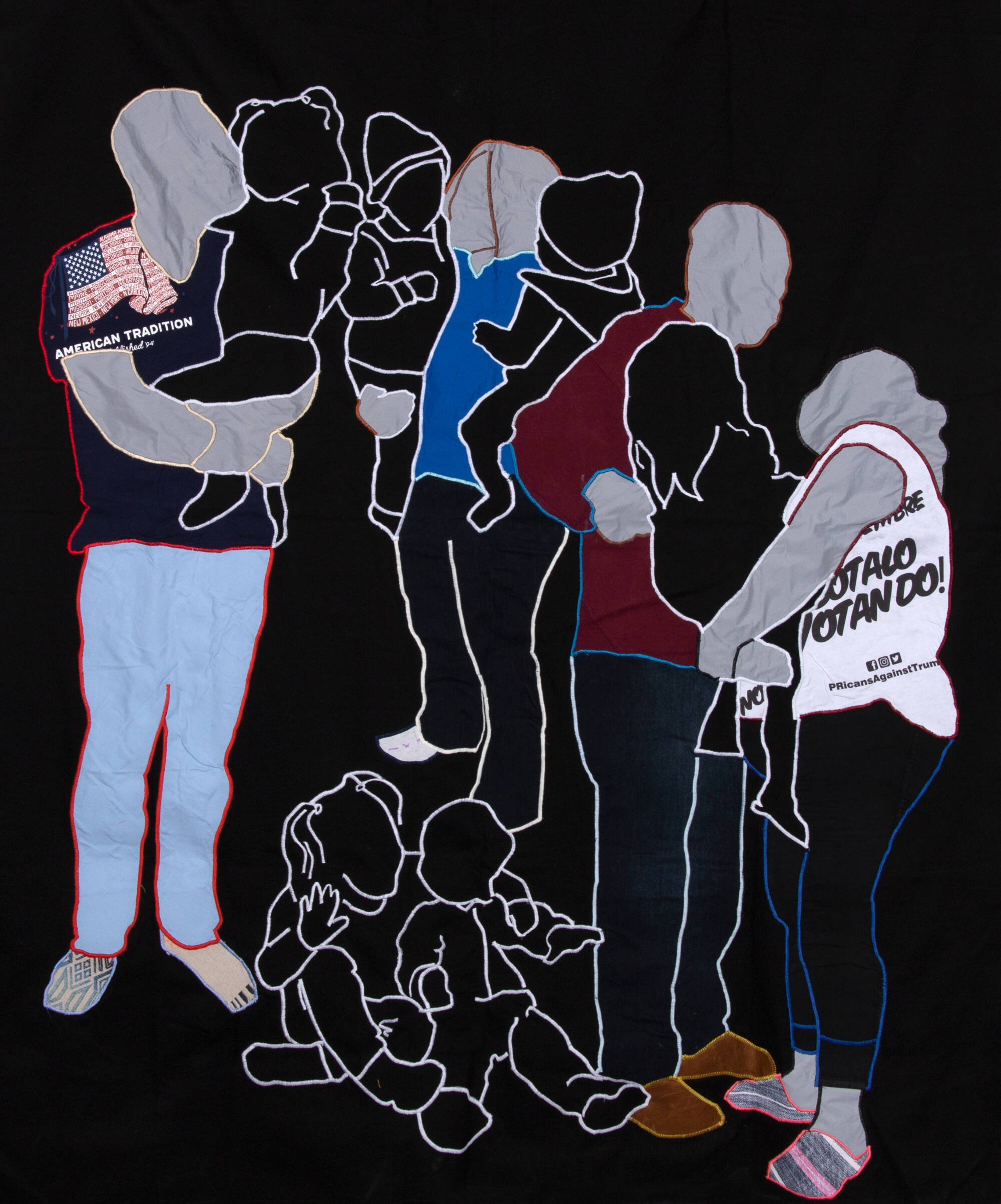Textile with outlines of a group of adults and children. Some parts of the people are created with recycled clothing.